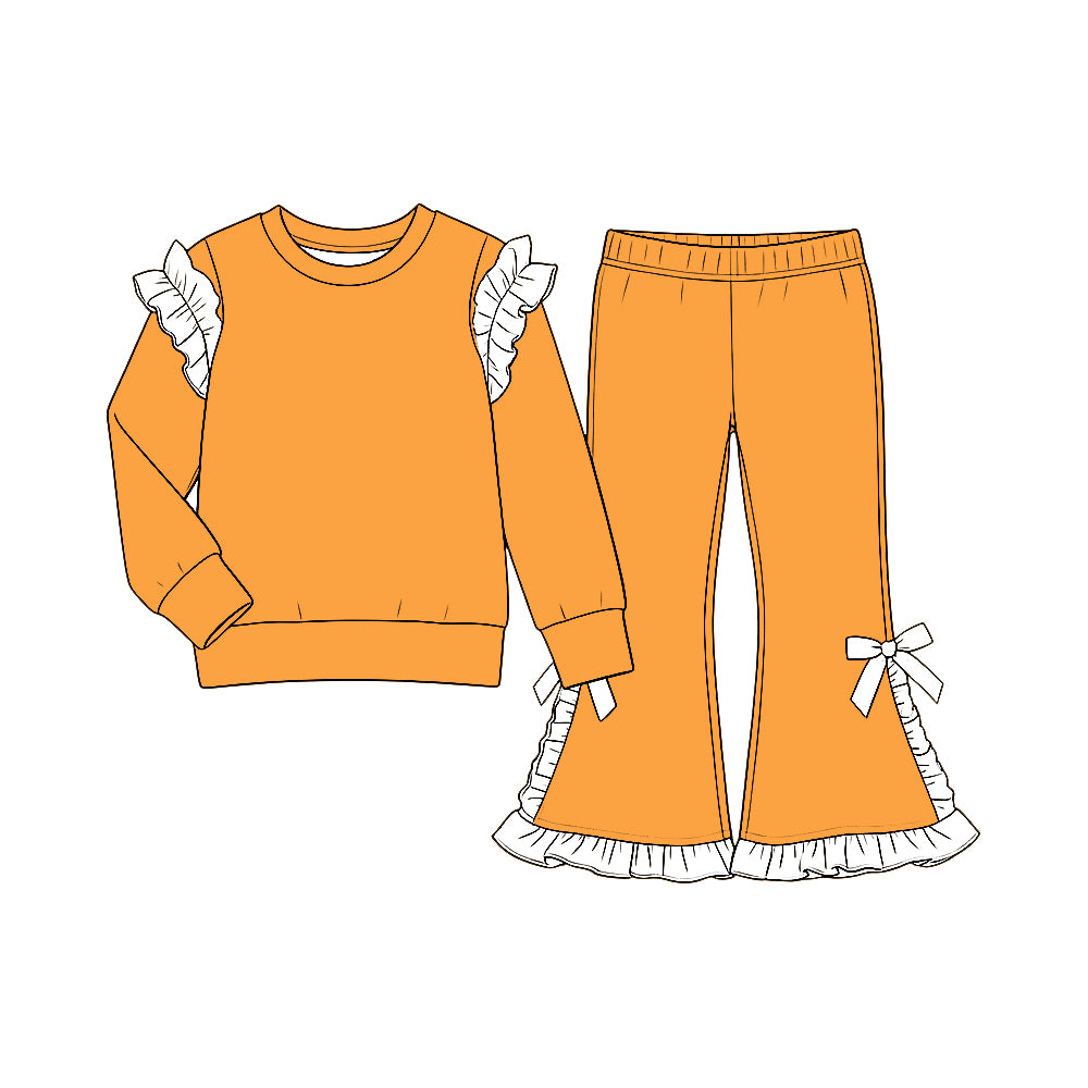 custom moq 5 mix size Baby Girls Solid Orange White Ruffle Shoulder Sweatshirt And Ruffle Hem Bow Flare Pant Set