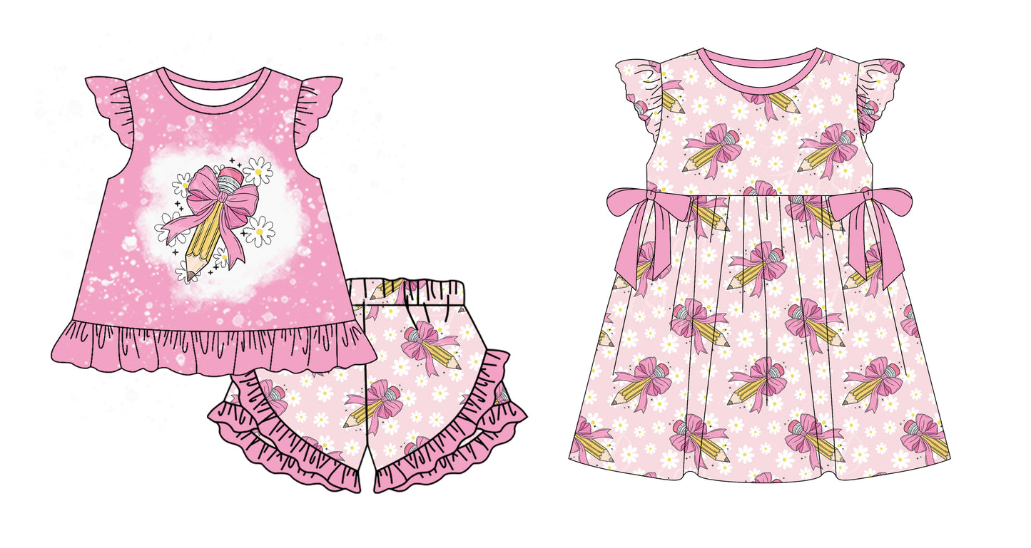 12.30 custom each style moq 5eta 4-6week Sibling Sister pencil bow baby girl short sleeve shorts sets and dresses match design