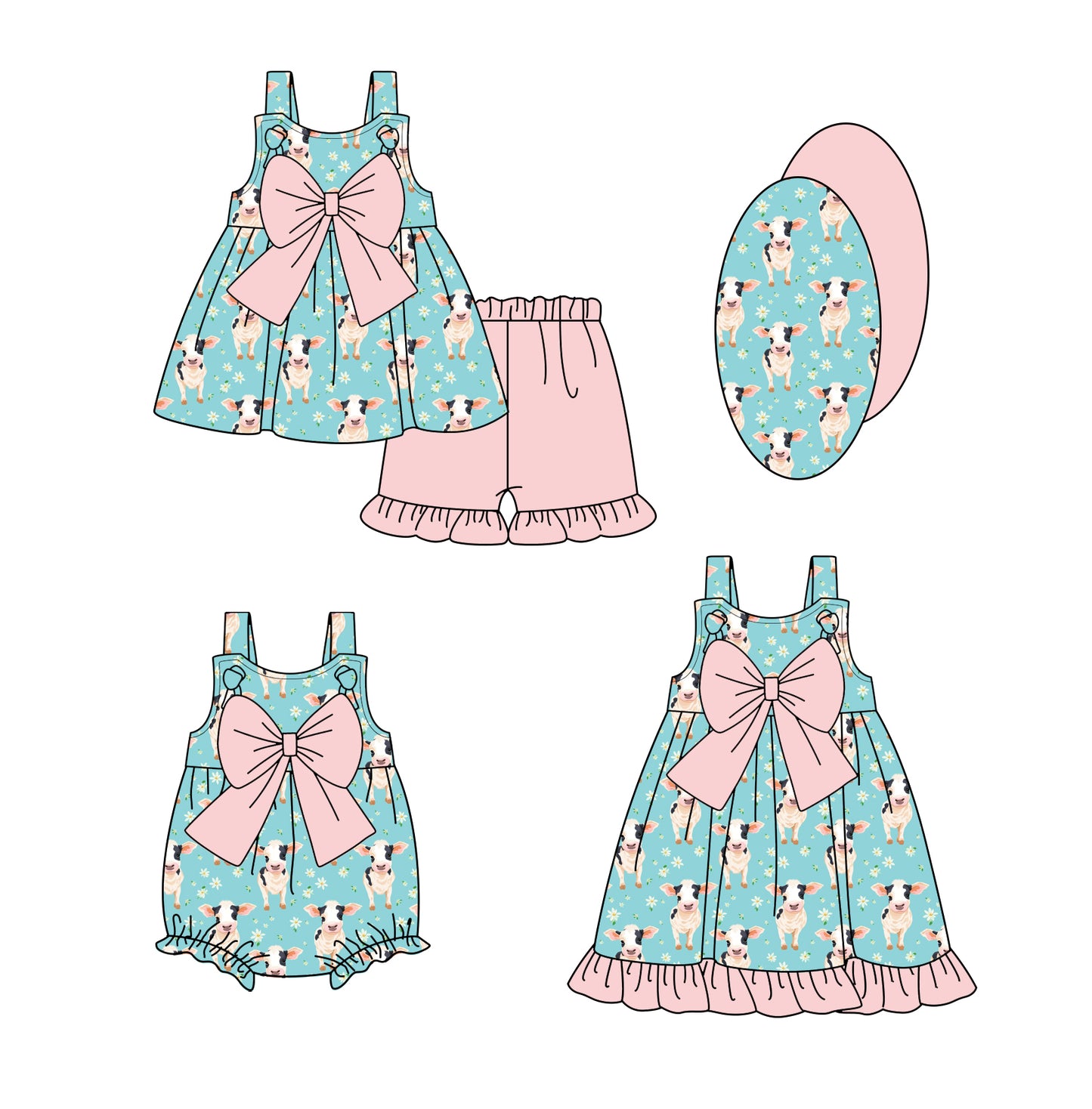 3.5 custom each style moq 5eta 4-6week Sibling Sister cow baby girl short sleeve shorts sets and dress and rompers match family design