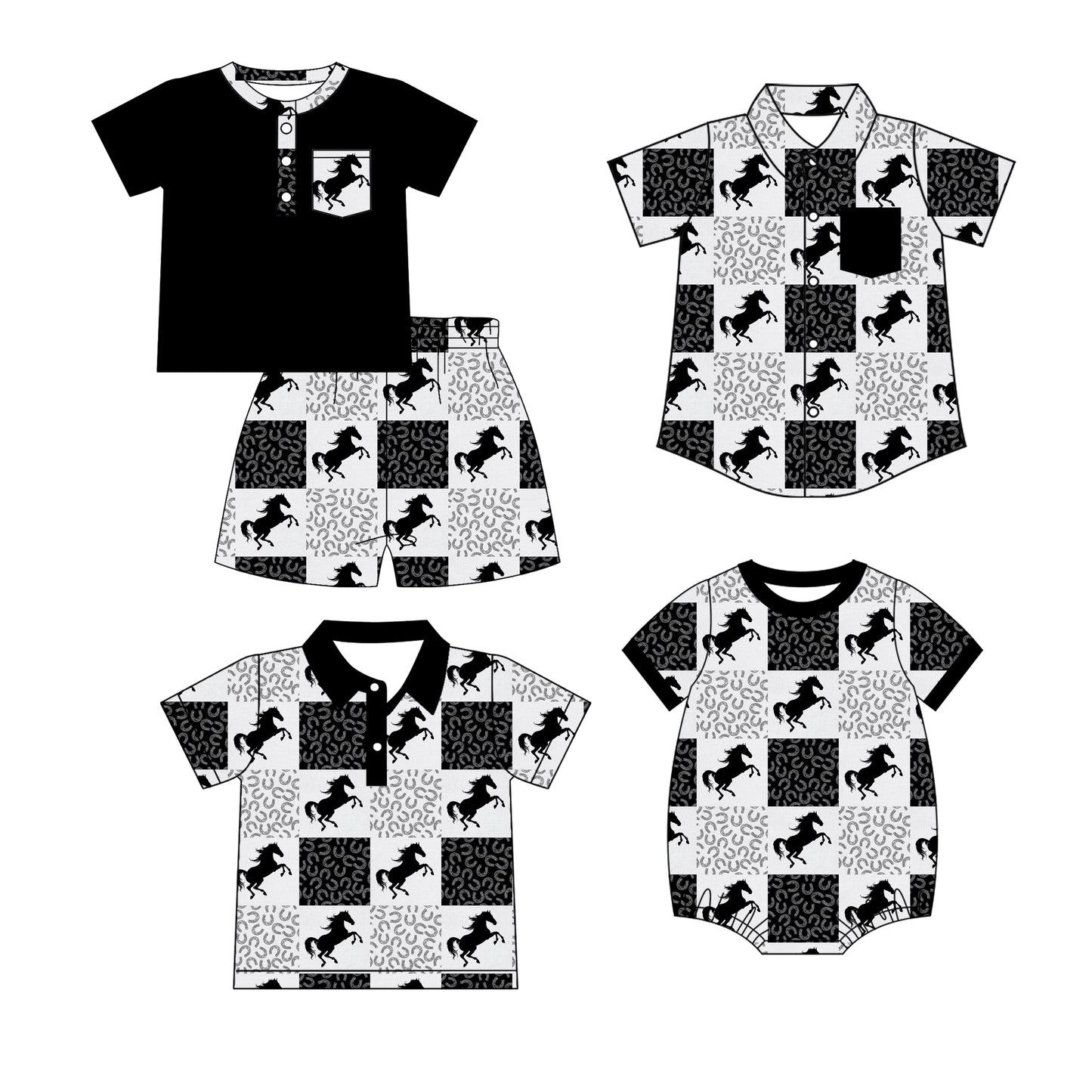 25.12.18 custom each style moq 5 eta 6-8 week Sibling Sister horse baby boy short sleeve shorts sets and boy rompers and top 2 match family design