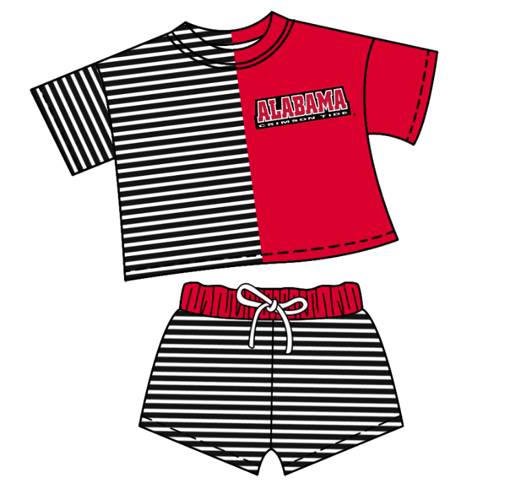 Custom moq 5 mix size milk silk summer teams Children's Red Striped Outfit Set Short-Sleeved Crew Neck Top And Drawstring Shorts for Kids