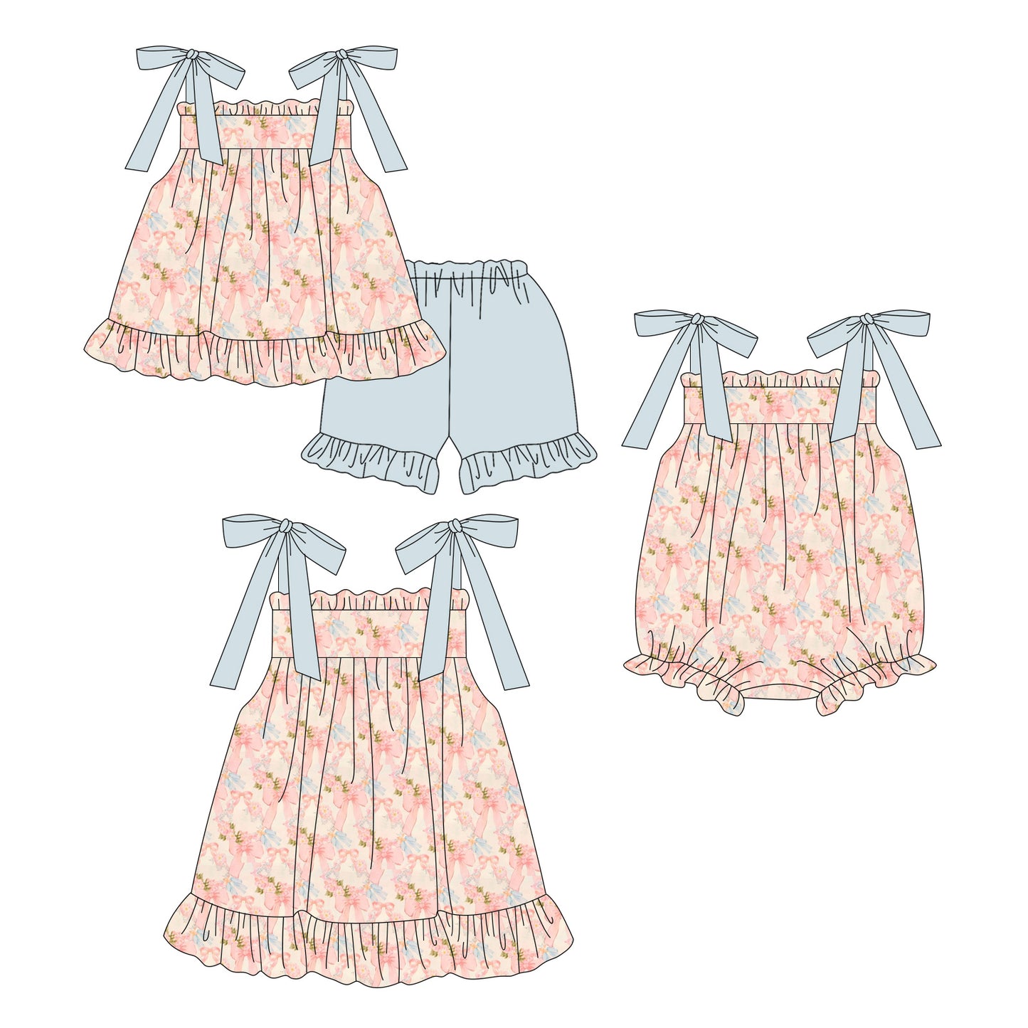 3.20 Custom moq 5 mix size Sibling Cute Clothes Baby Girl's Bows Strap Top And Short Set Matching Romper Dress for Summer