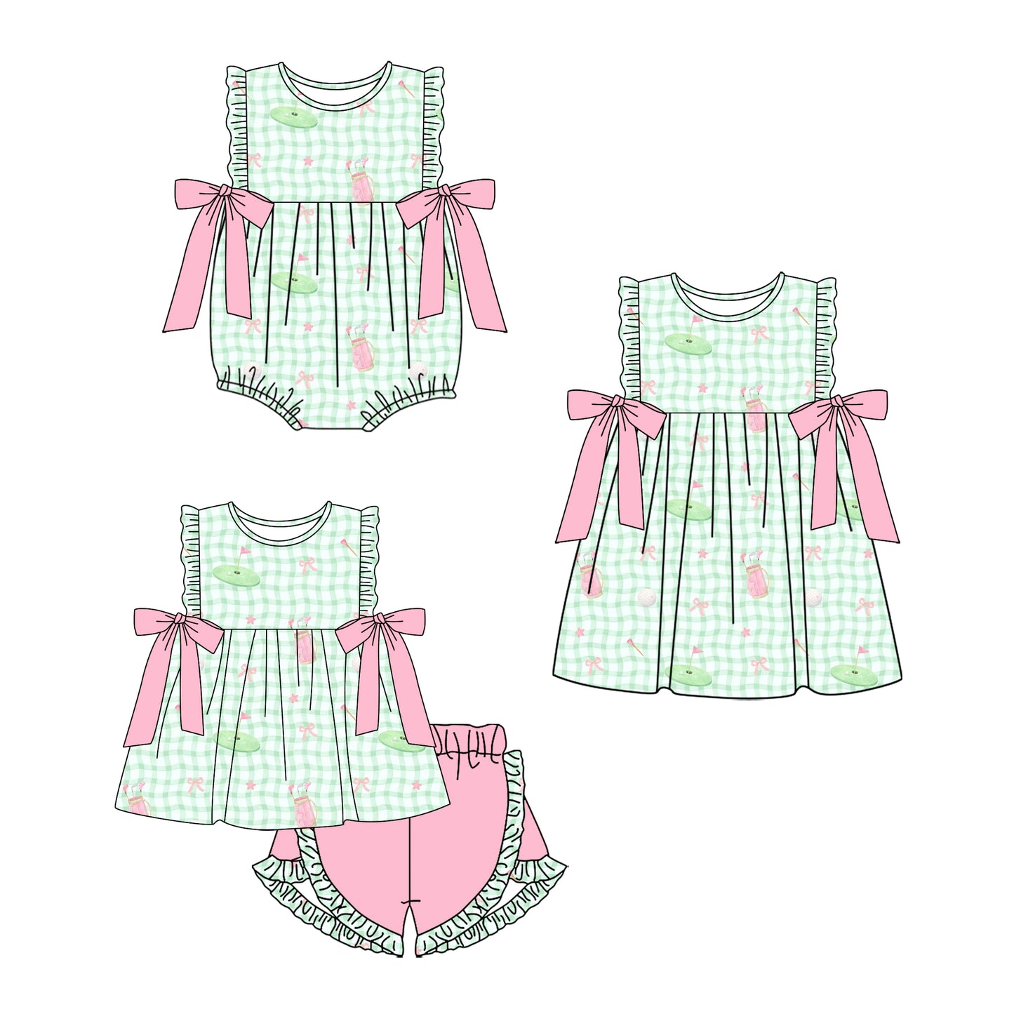 Custom moq 5 mix size Baby Girl Green Plaid Sleeveless Romper Dress with Bow Tie Cute Toddler Outfit