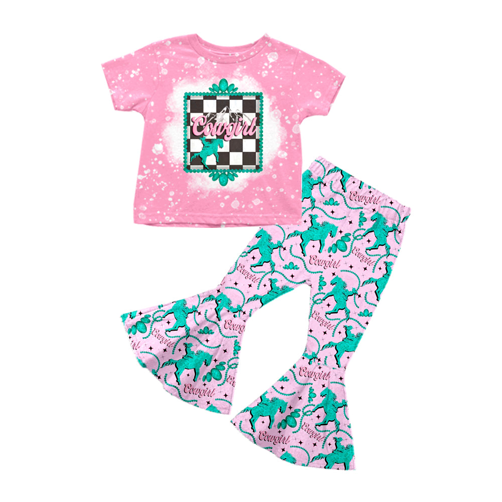 8.30 custom each style moq 5eta 4-6week baby girls clothes cowgirl pink short sleeve pants sets