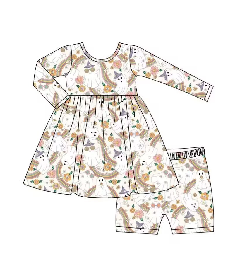 5.9custom each style moq 5eta 4-5week Sibling Sister Halloween cute ghost prints purple girls and boys outfits and baby rompers match family design