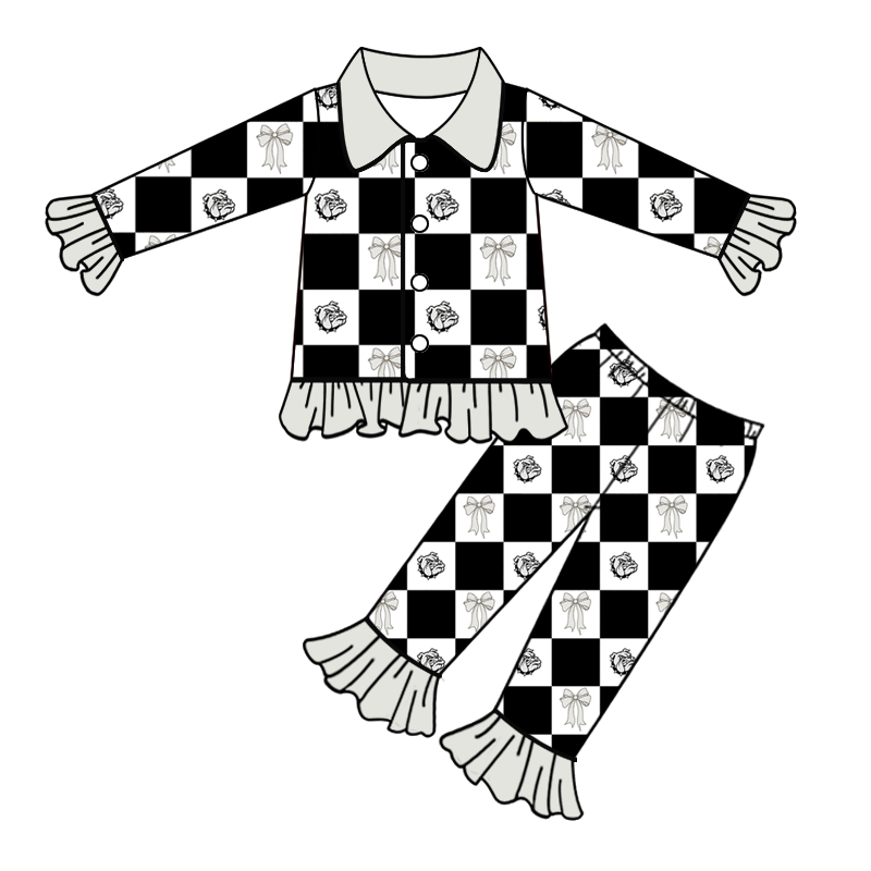 custom moq 5 mix size MSD073008 Baby Girls Checked Bow Print Collared Button Long Sleeve Ruffle Top Flared Pants Pajama Set
