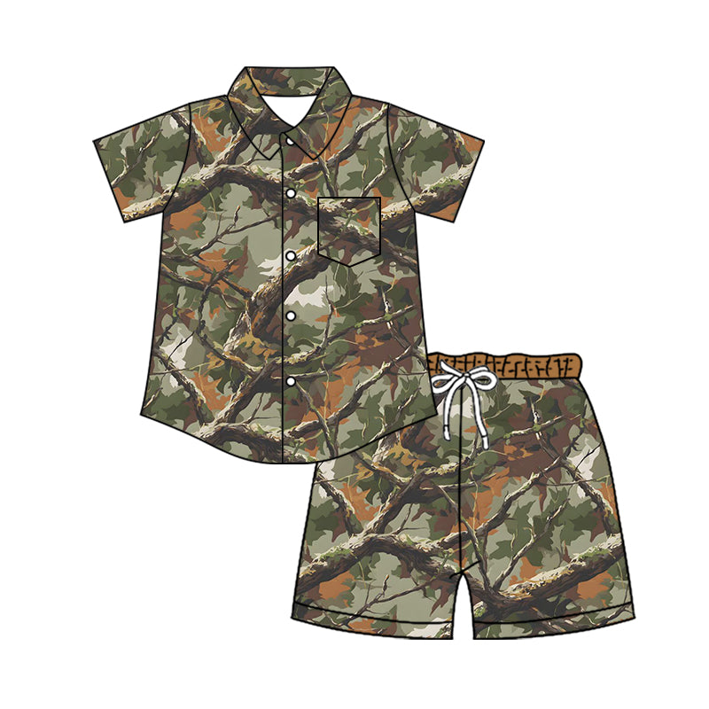 4.11 Custom moq 5 mix size Baby Boy Leaves Camo Short-Sleeved Button-Down Top with Pockets And Shorts Set
