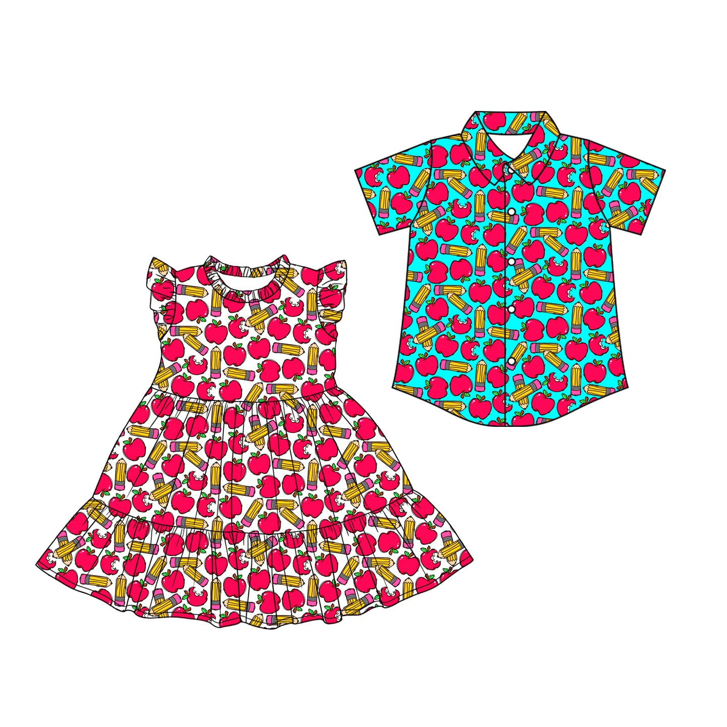 26.1.19 custom each style moq 5 eta 6-8week Sibling Sister apple pencil baby button short sleeve top and dress match design