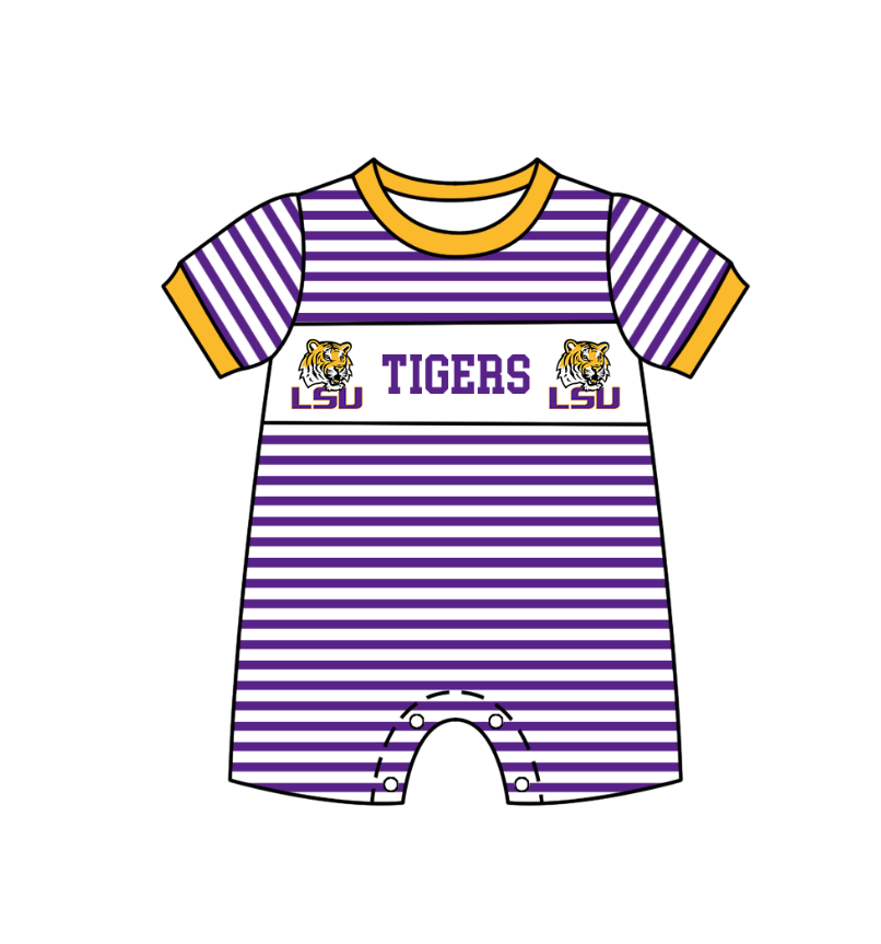 Custom moq 5 mix size milk silk summer teams Boys Purple Short Sleeve Top Striped Shorts Set With Matching Romper Girls Flutter Sleeve Polka Dot Dress Romper