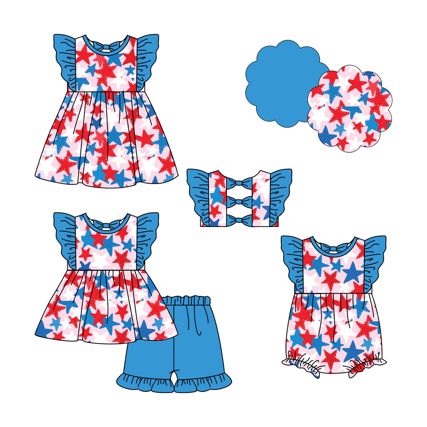 4.23 custom each style moq 5eta 4-6week Sibling Sisters stars baby girl short sleeve shorts sets and dress and rompers match family design
