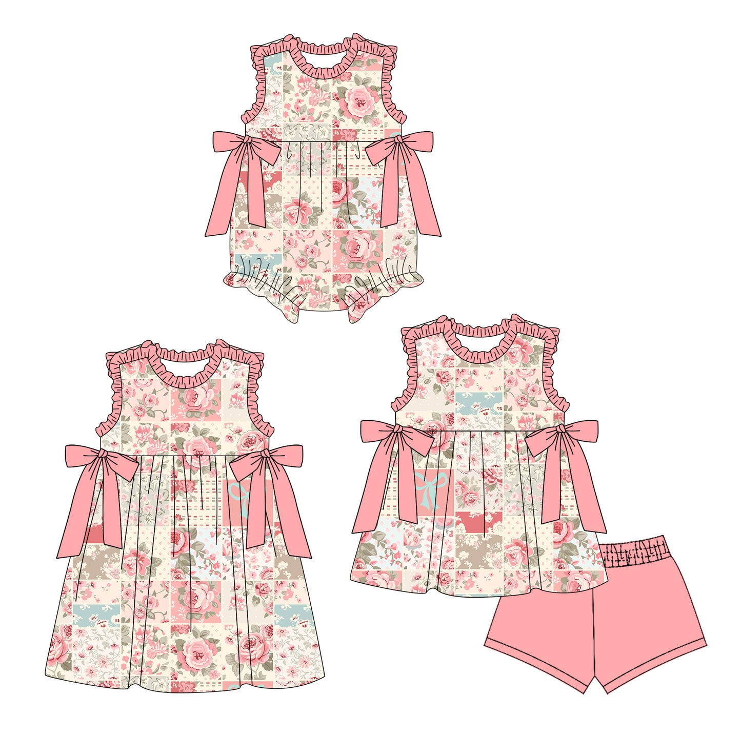 4.8 custom each style moq 5eta 4-6week Sibling Sisters floral baby girl short sleeve shorts sets and dress and rompers match family design