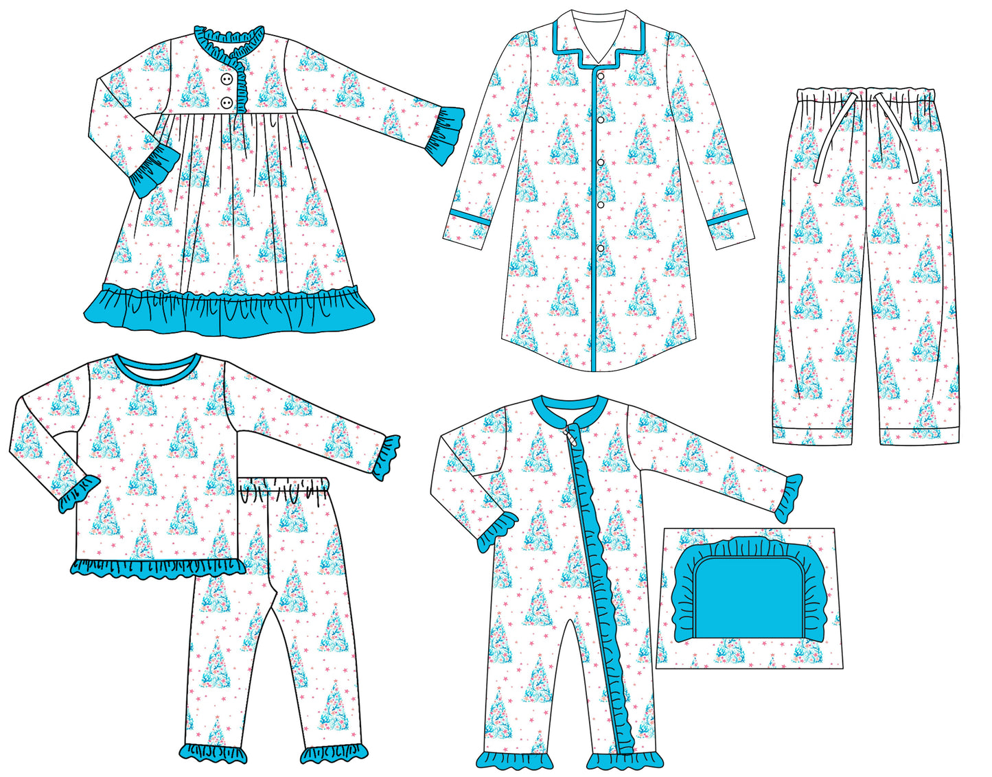 25.6.27 custom each style moq 5eta 4-6week Sibling Sisters Christmas trees baby boy long sleeve pants sets and adult top and adult pants and romper and dress match family design