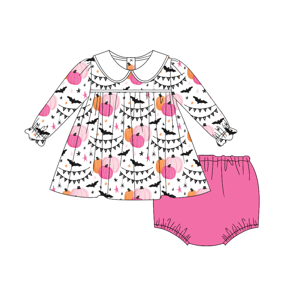 6.18 custom each style moq 5eta 4-6week Sibling Sister pumpkin bat pink baby girls sets and dress and briefs sets match family design
