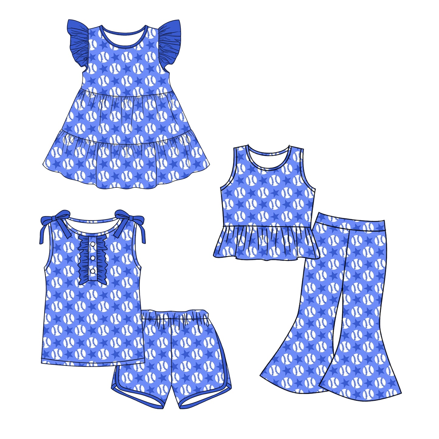 Custom moq 5 mix size Sibling Baby Girl Blue Flutter-Sleeved Dress Sleeveless Top Shorts Set Or Trousers Set Casual Comfortable Outfit for Little Ones