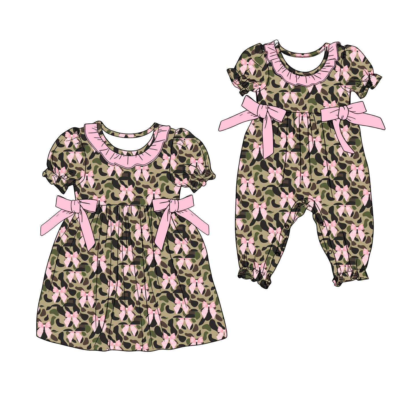 25.12.15 custom each style moq 5 eta 6-8week Sibling Sister camouflage bow baby short sleeve romper and dress match design