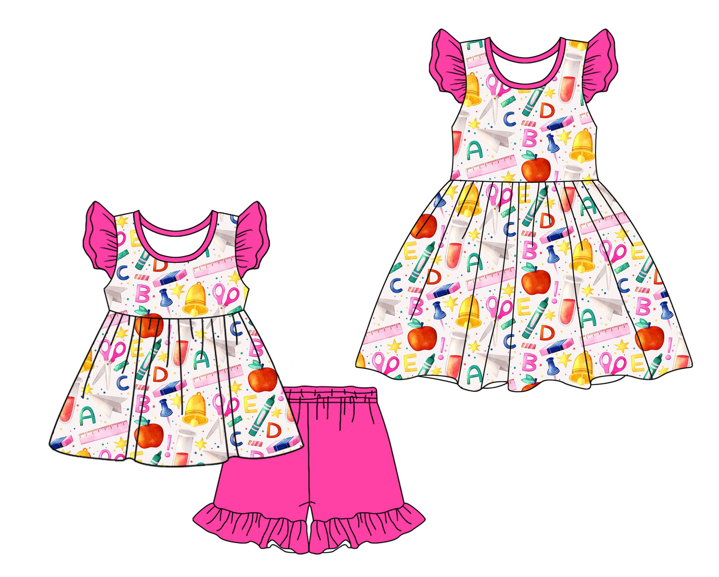 2.22 custom each style moq 5eta 4-6week Sibling Sister ABC baby girl short sleeve shorts sets and dresses match design