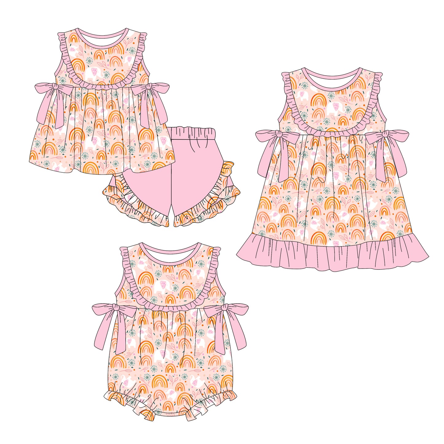 3.6 Custom moq 5 mix size Sibling Baby Girl's Pink Sleeveless Top With Bow And Ruffle Short Set Matching Romper Dress for Summer