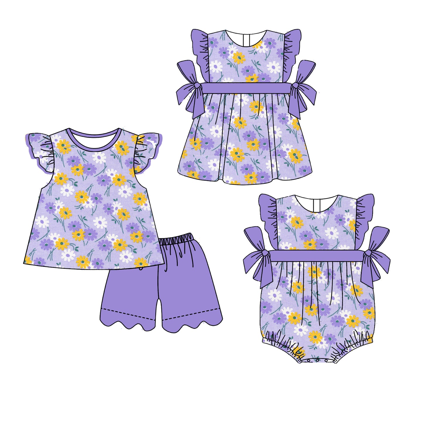 3.30 Custom moq 5 mix size Sibling Baby Girl's Flowers Purple Flutter Sleeve Top And Scallop Shorts Set Cute Romper Dress for Summer