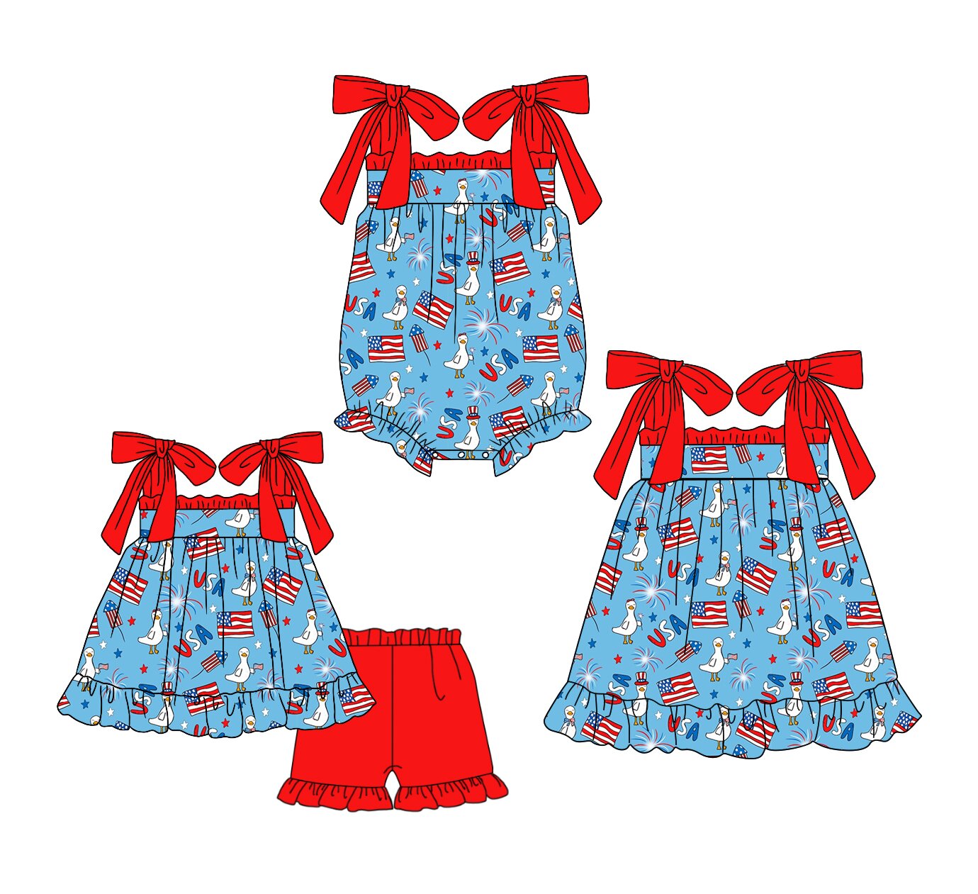 26.1.23 custom each style moq 5 eta 6-8week Sibling Sister USA flag baby short sleeve shorts sets and romper and dress match design