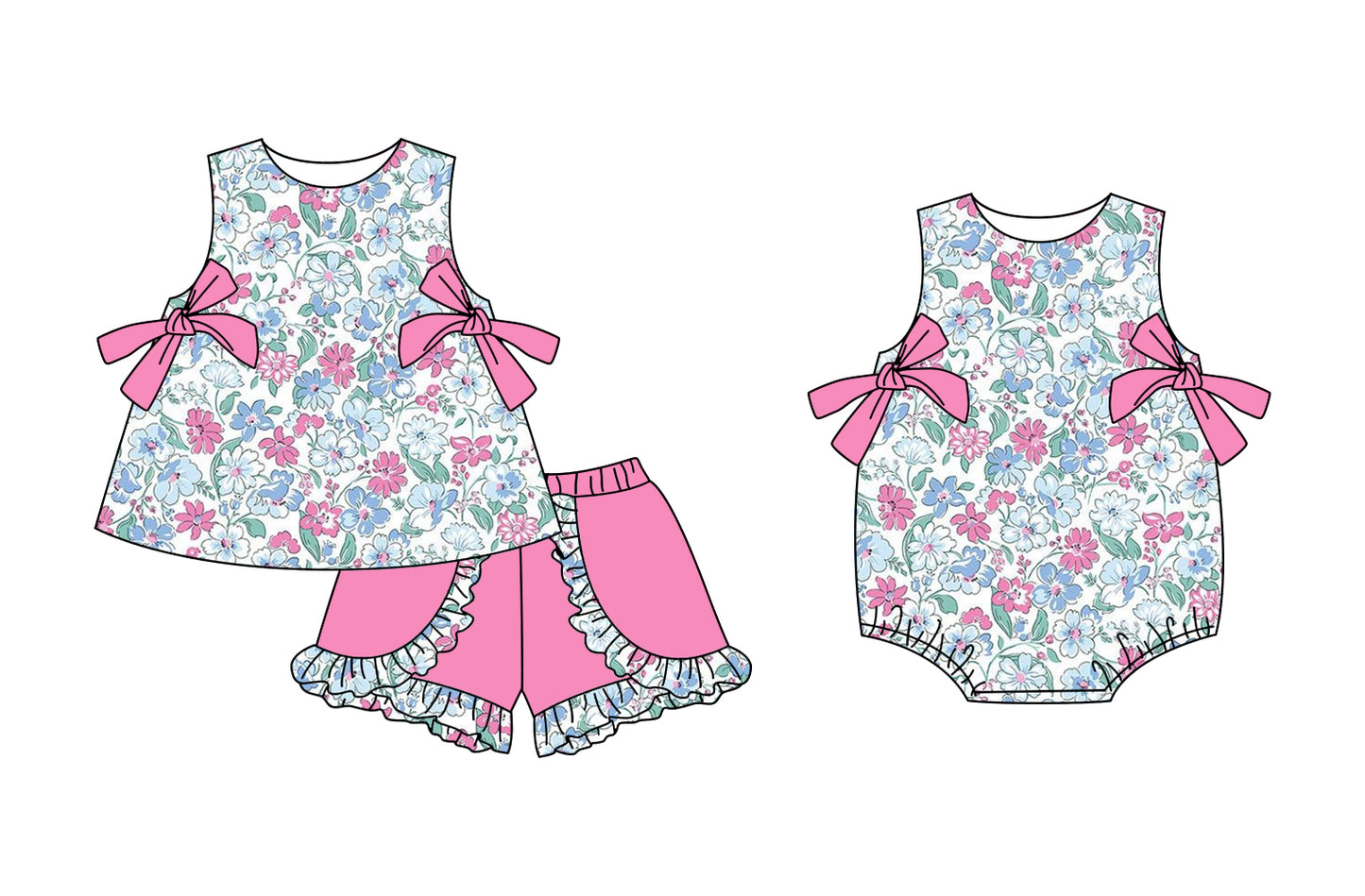 3.3 custom each style moq 5eta 4-6week Sibling Sister floral baby girl short sleeve shorts sets and romper match design