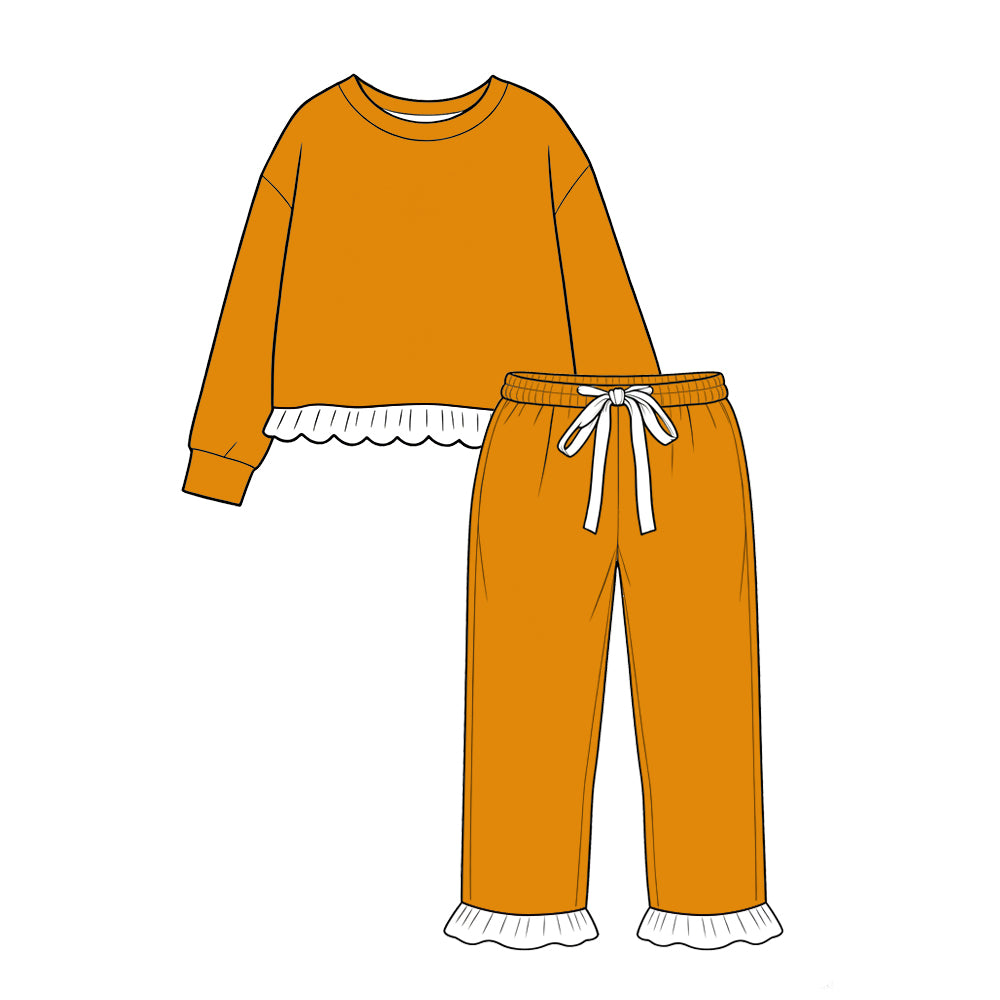 custom moq 5 mix size Baby Girls Solid Orange Long Sleeve Top Trim Ruffle Pants Outfit Set