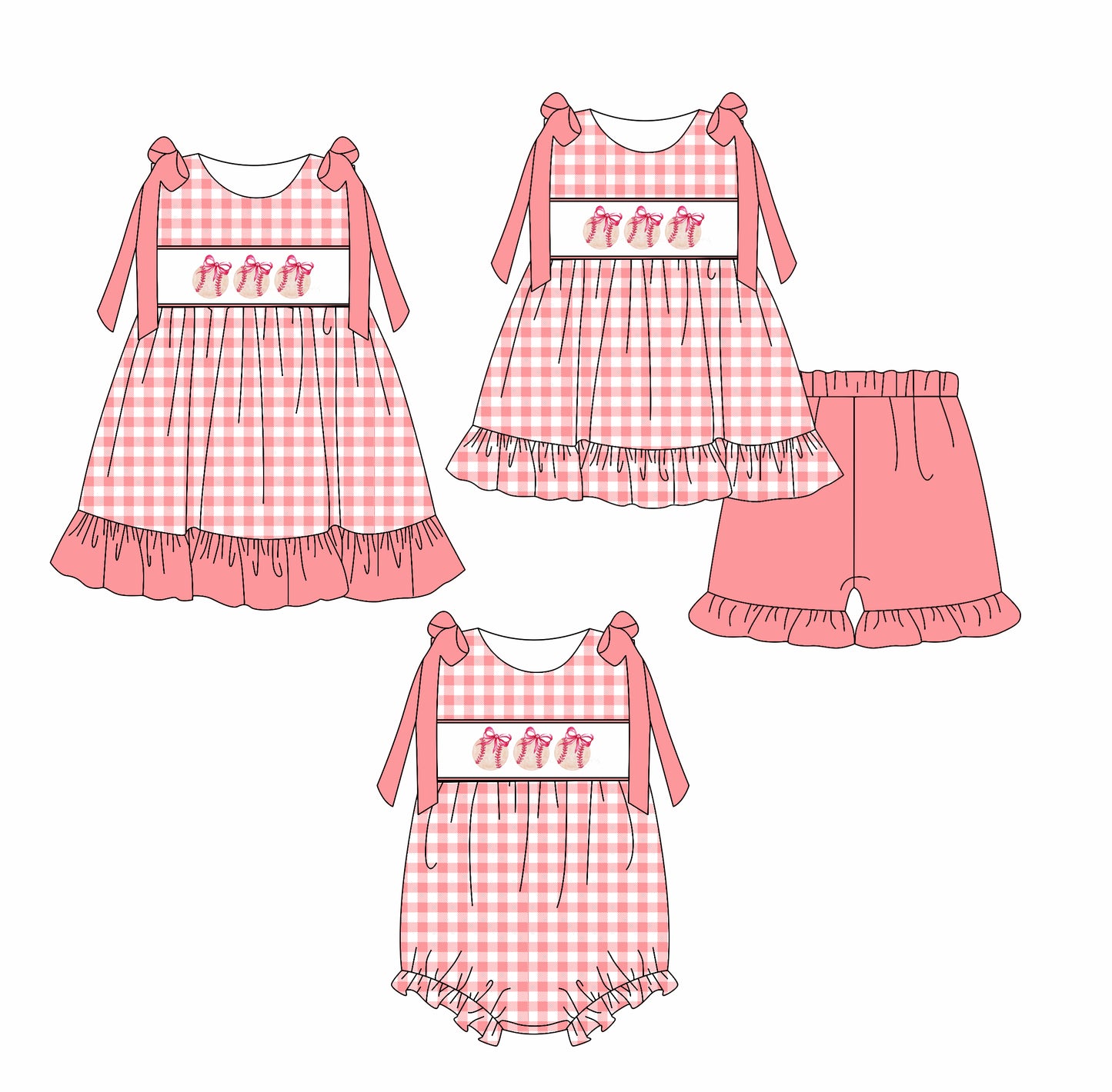 2.21 custom each style moq 5eta 4-6week Sibling Sisters baseball bow baby girl short sleeve shorts sets and dress and rompers match family design