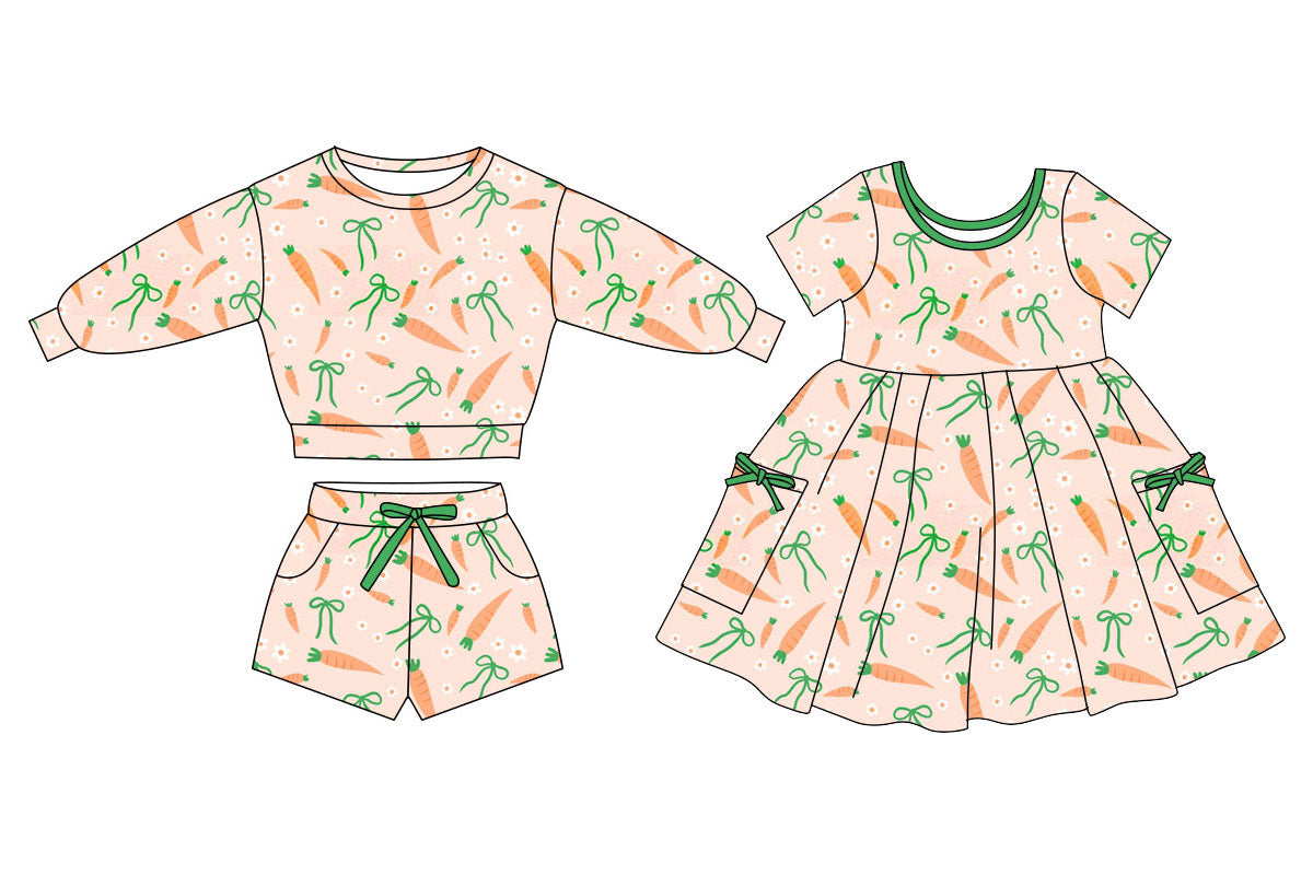 25.11.4 custom each style moq 5 eta 6-8week Sibling Sisters carrot bow baby girl long sleeve shorts sets and dress match family design
