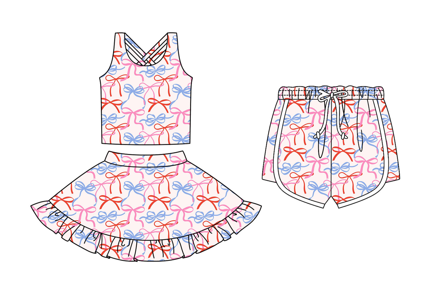 Custom moq 5 mix size Sibling Baby Girls Bow Print Pink Sleeveless Top And Skirt Set with Shorts Cute Toddler Outfit