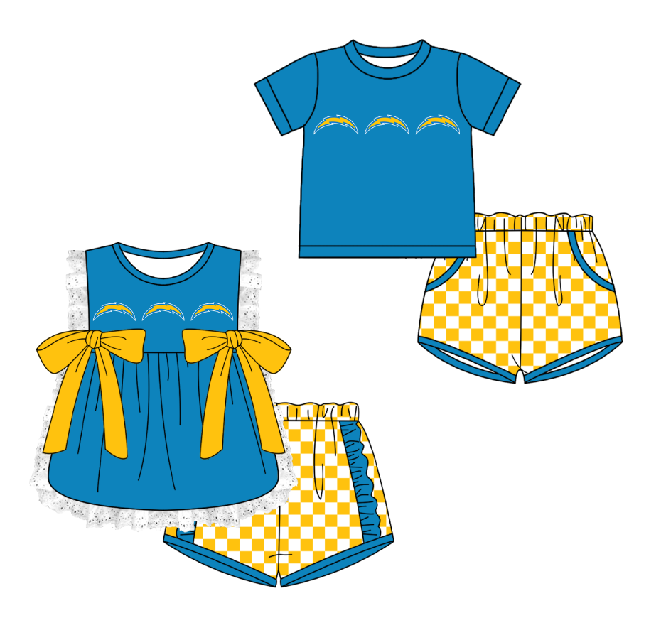 Custom moq 5 mix size milk silk summer teams Blue Girl Sleeveless Top And Plaid Shorts Set with Bow Boy Short Sleeved Top And Plaid Shorts Set