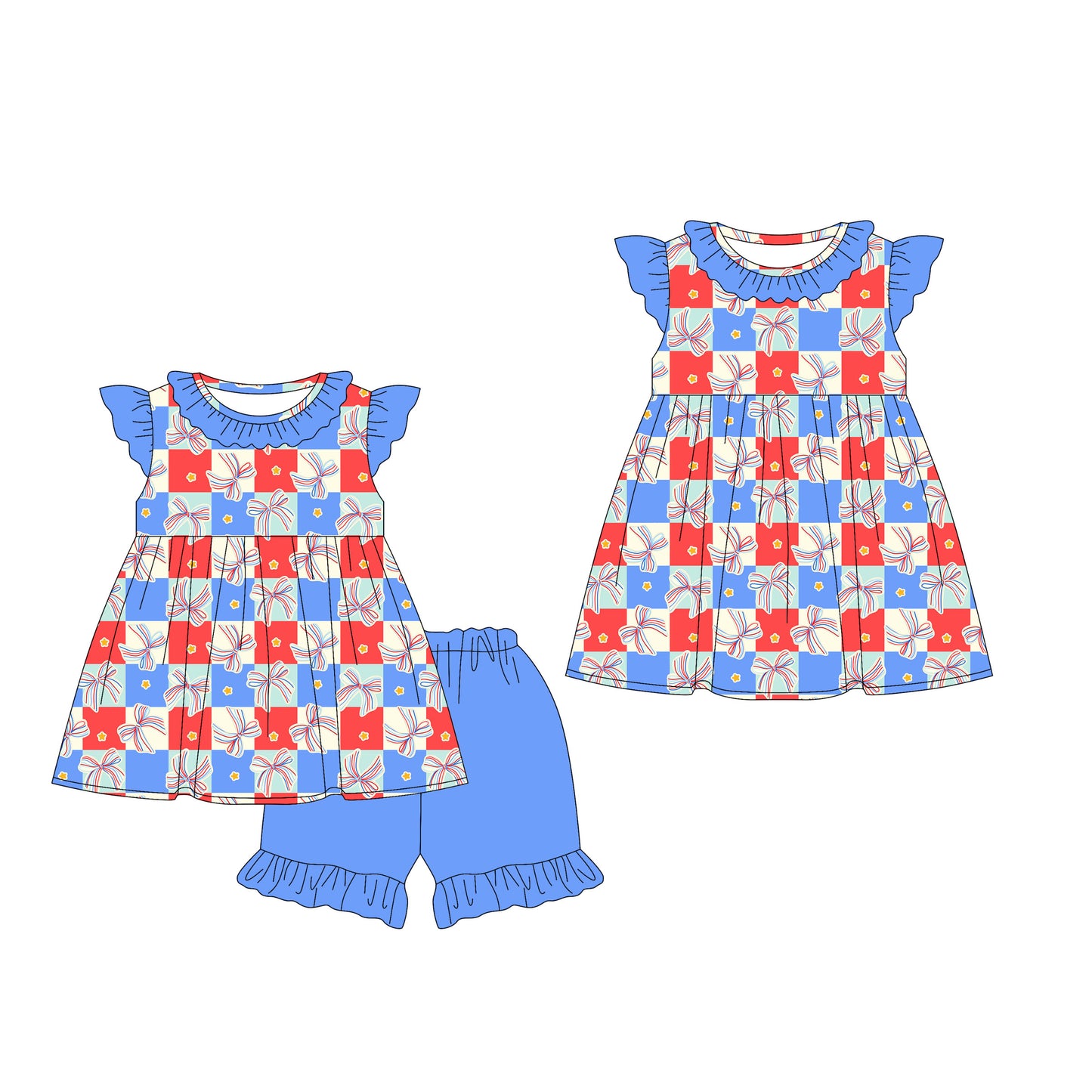 25.12.24 custom each style moq 5 eta 6-8week Sibling Sister flag baby short sleeve shorts sets and dress match design