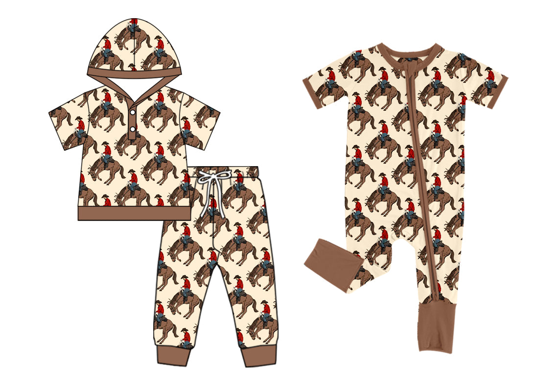 5.6 custom each style moq 5eta 4-6week Sibling Sister riding horse baby boy short sleeve pants sets and rompers match family desigm