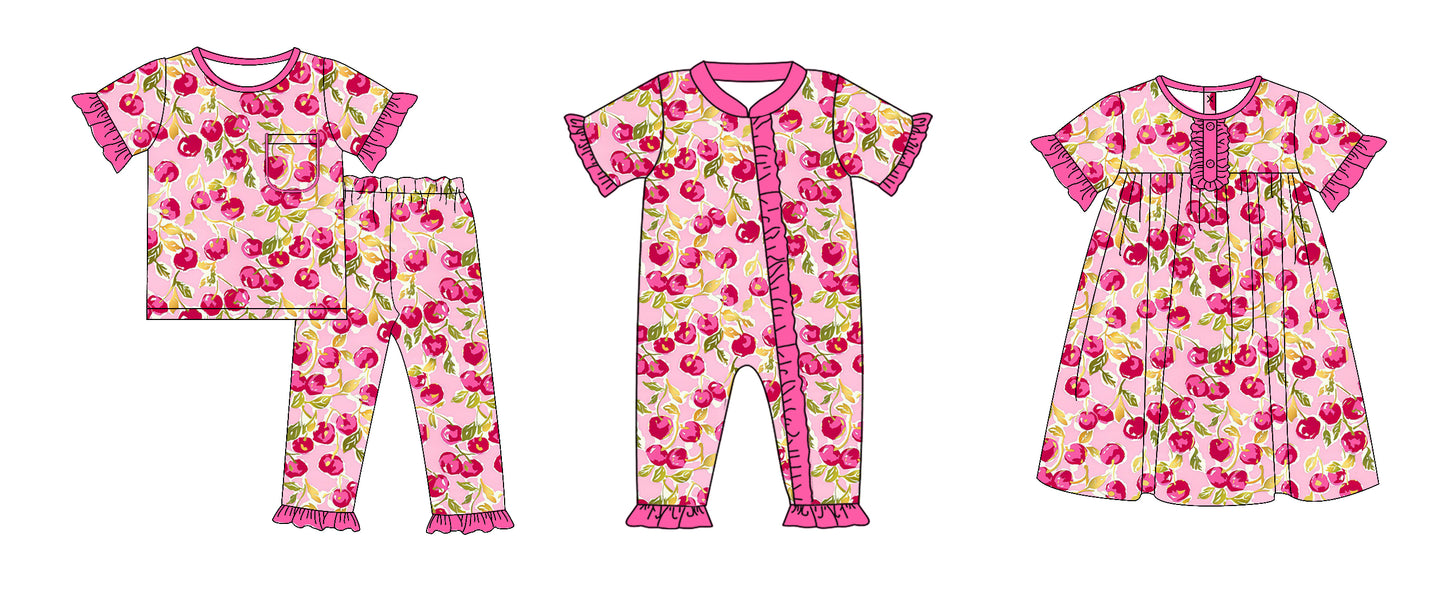 11.13 custom each style moq 5eta 4-6week Sibling Sister cherry baby girl sets and dress and rompers match family design