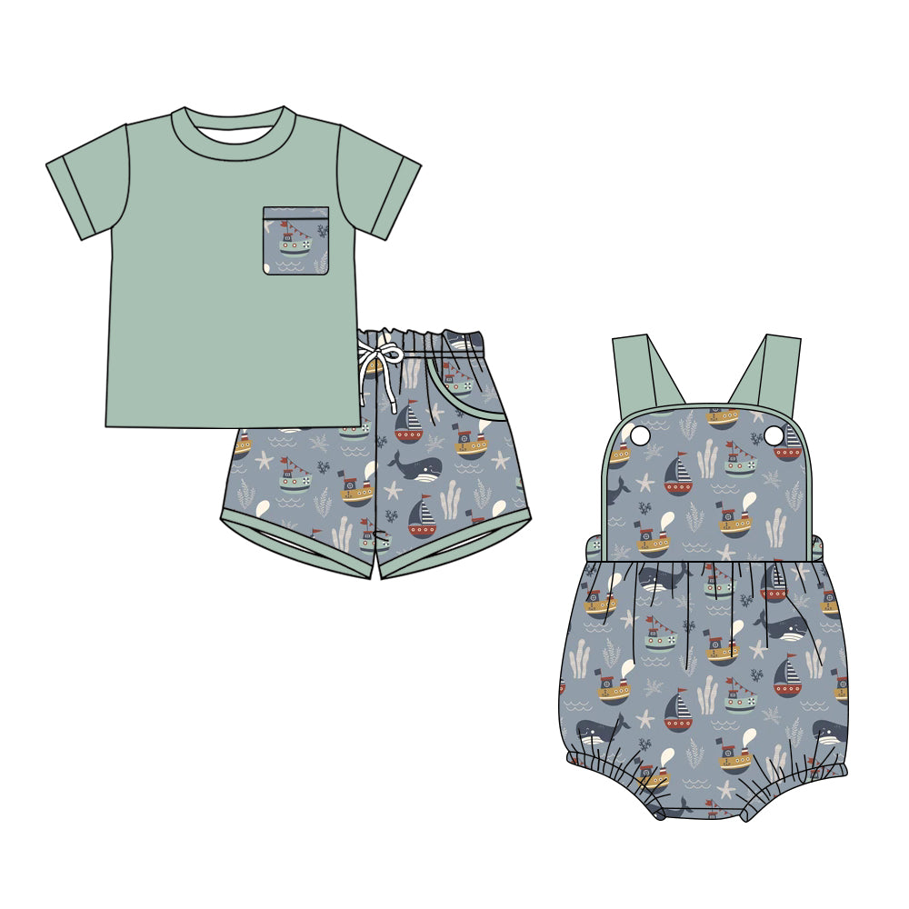 Custom moq 5 mix size Sibling green Baby Boys Romper Short-Sleeved Top And Shorts Set for Infants