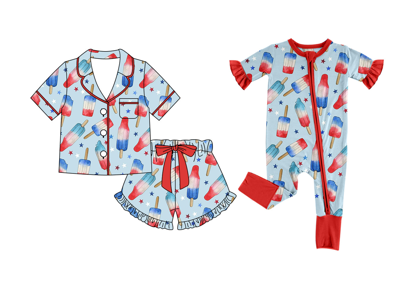 Custom moq 5 mix size Sibling Baby Girl Popsicle Print Short-Sleeved Top And Shorts Pajamas Romper Cute Summer 4th of July Sleepwear for Infants