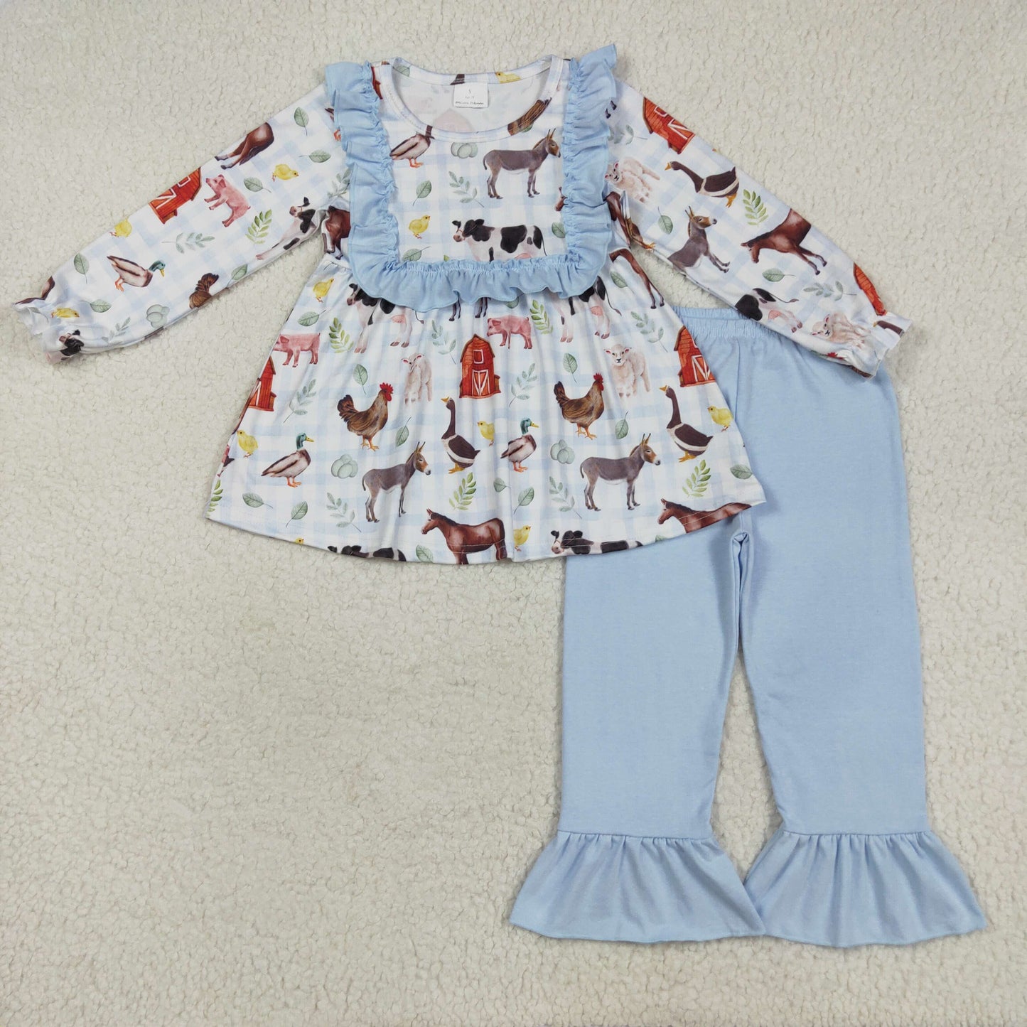 RTS NO MOQ(In Stock) Farm Animal Red House Blue Lace Plaid Long Sleeve Pants Set