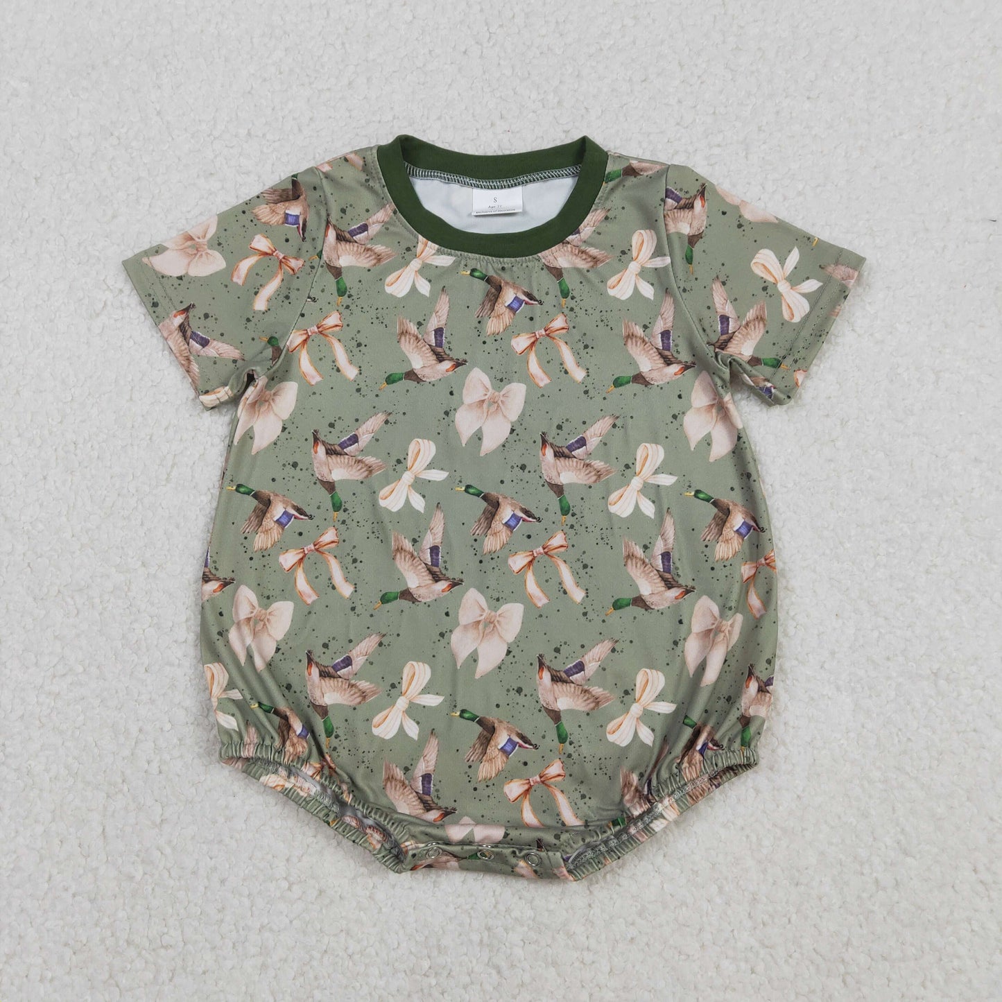 RTS NO MOQ(In Stock) Green Duck and Bow Pattern Short-Sleeve Jumpsuit