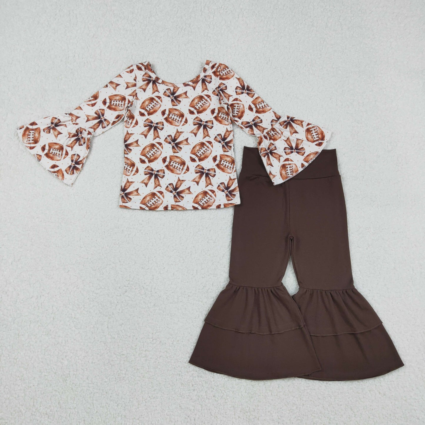 RTS NO MOQ(In Stock) Football Bow Pattern Long-Sleeve Brown Pants Set