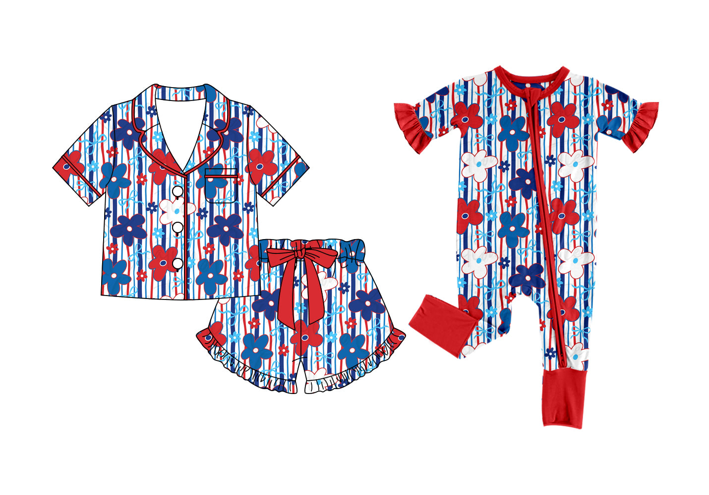 Custom moq 5 mix size Sibling Baby Girl Floral Print Striped Short-Sleeved Pajamas Romper with Shorts 4th of July Sleepwear for Infants