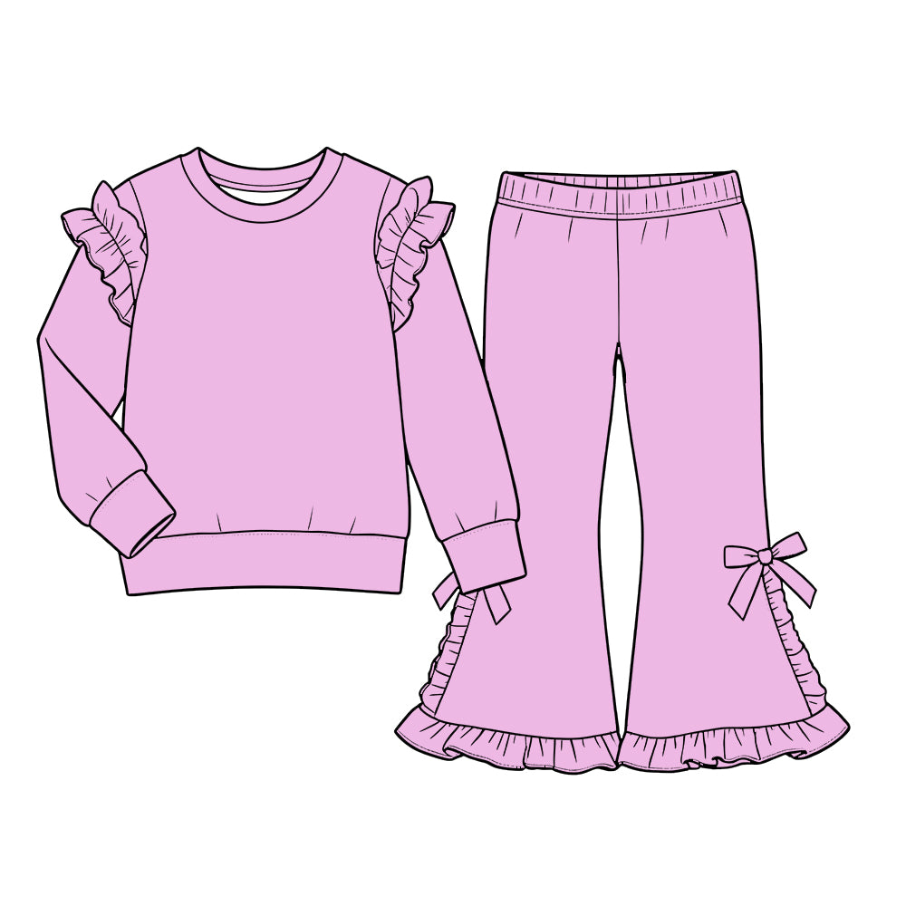Custom moq 5 cotton fabric girls ruffle sets solid color blank Lavender-purple long-sleeved sweatshirt with lace trim and matching slightly flared trousers featuring side bows