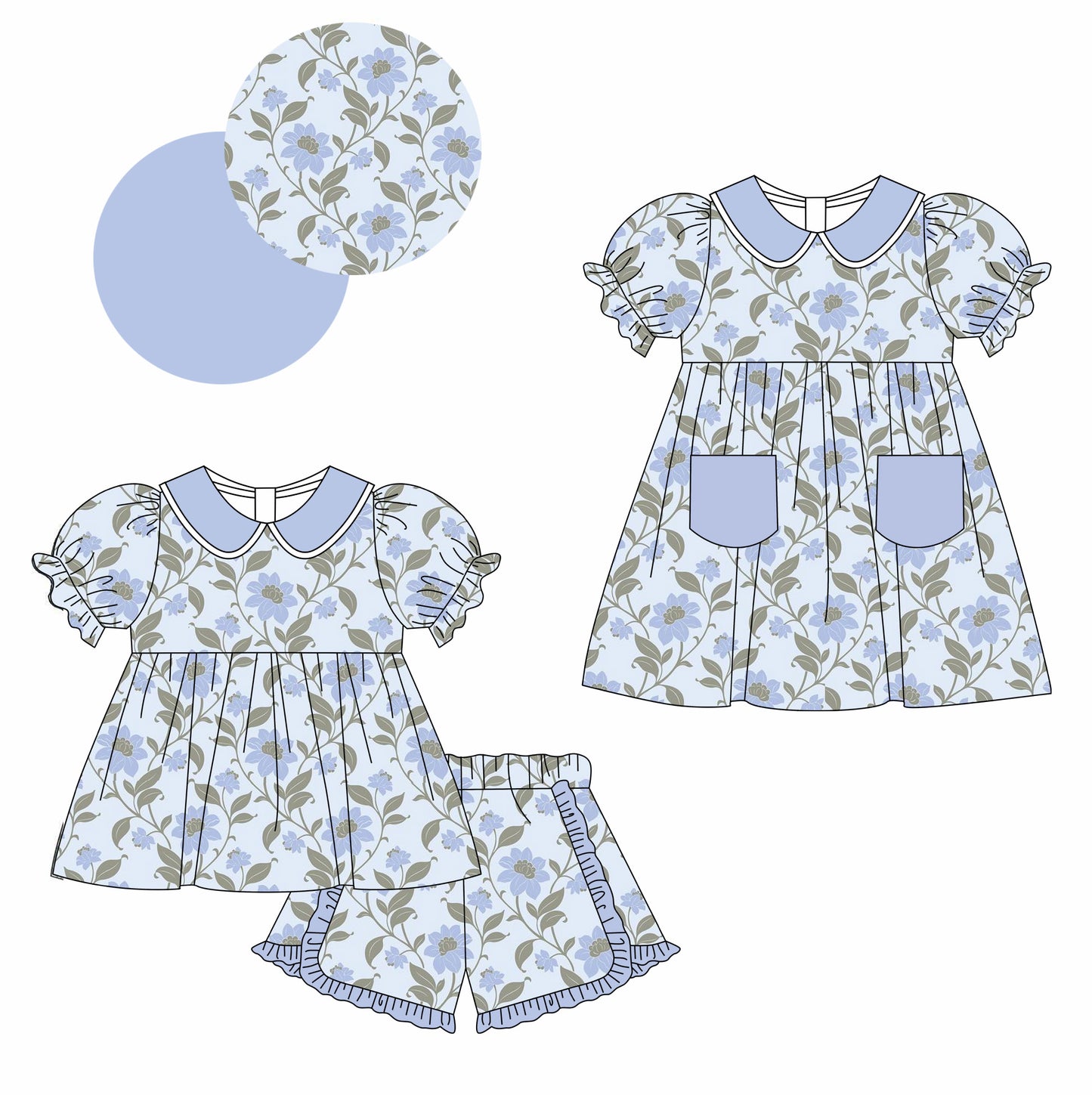 2.15 custom each style moq 5eta 4-6week Sibling Sister floral baby girl short sleeve shorts sets and dresses match design