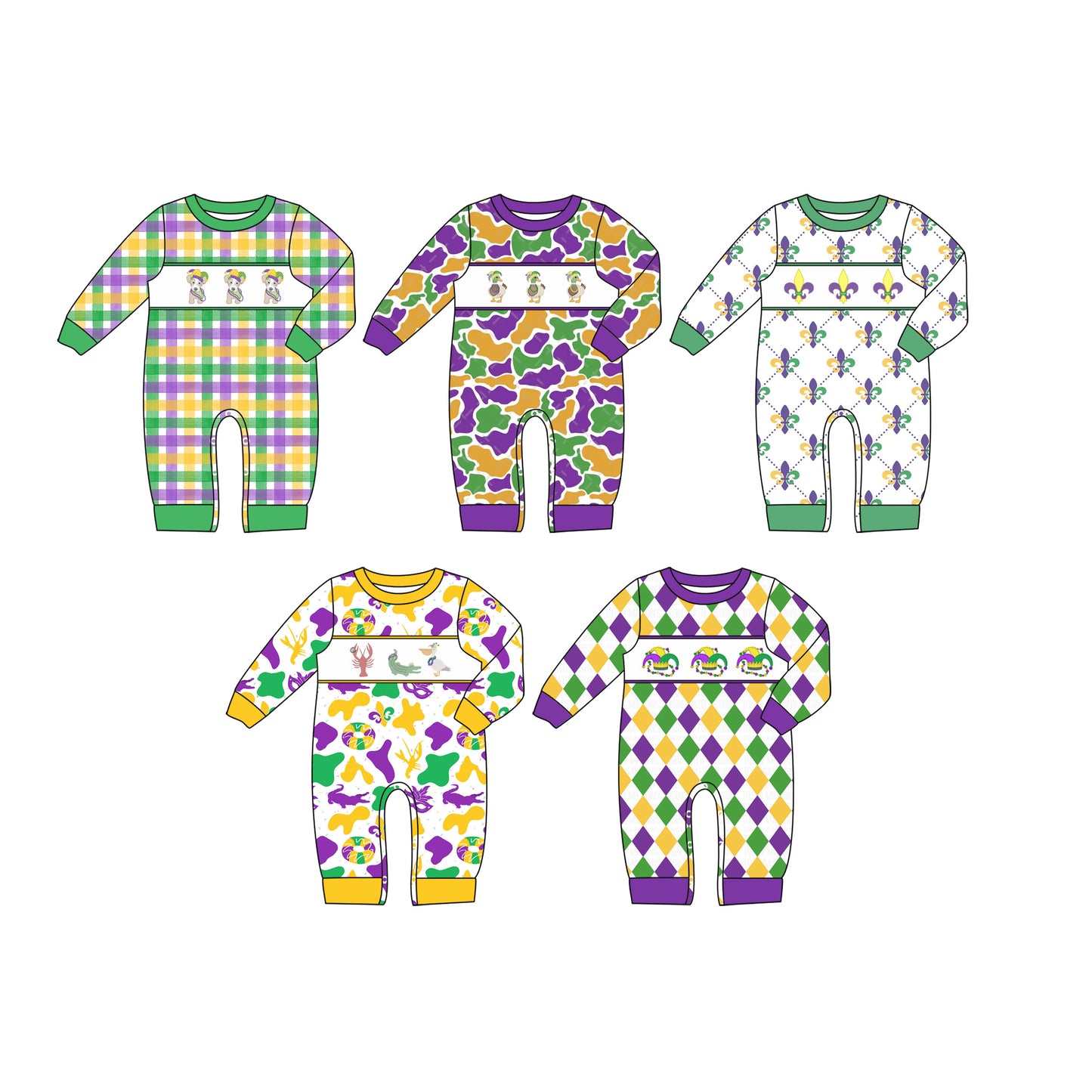 25.11.6 custom each style moq 5 eta 6-8week Sibling Sisters mardi gras baby boy clothes long sleeve rompers 5 match family design