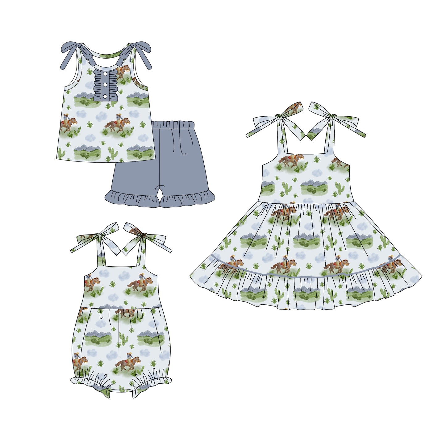 4.18 custom each style moq 5eta 4-6week Sibling Sisters riding horse catcus baby girl short sleeve shorts sets and dress and rompers match family design