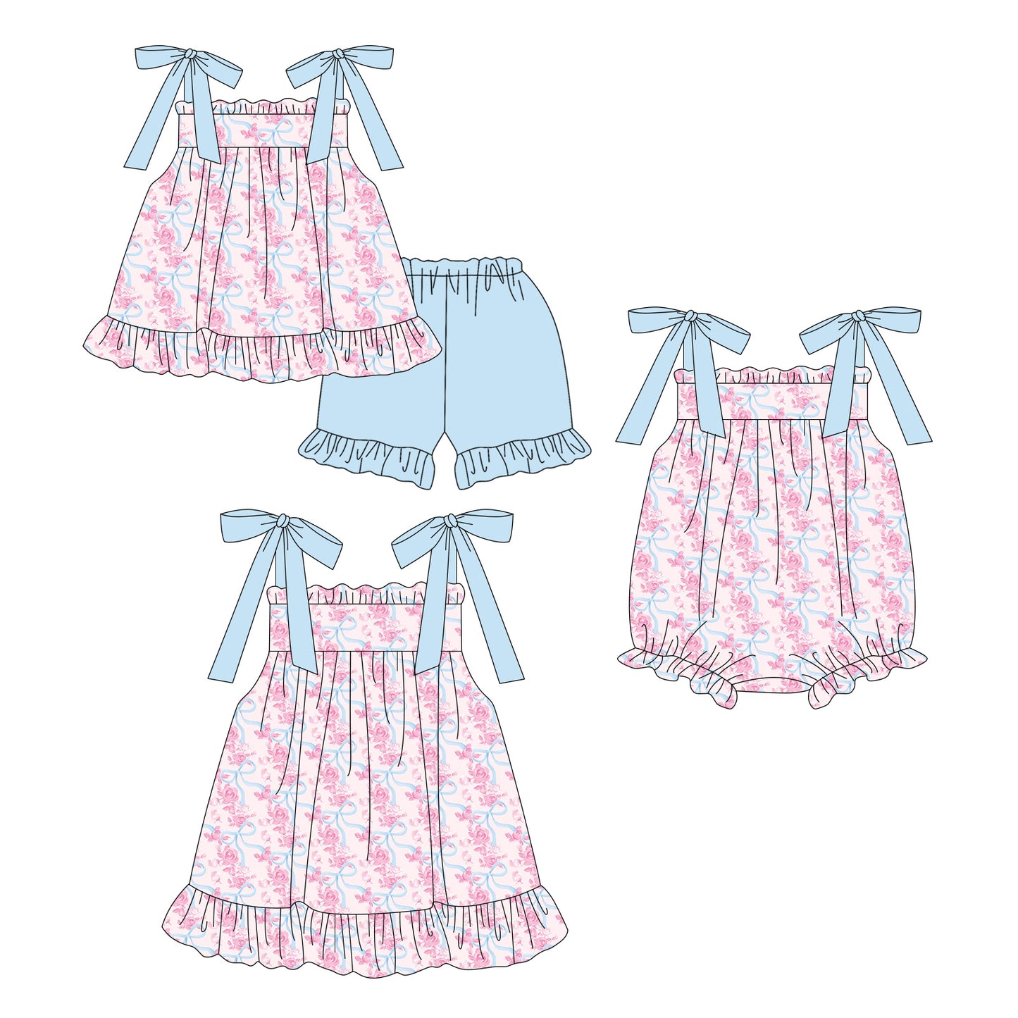 3.20 Custom moq 5 mix size Sibling Cute Clothes Baby Girl's Pink Bows Strap Top And Short Set Matching Romper Dress for Summer