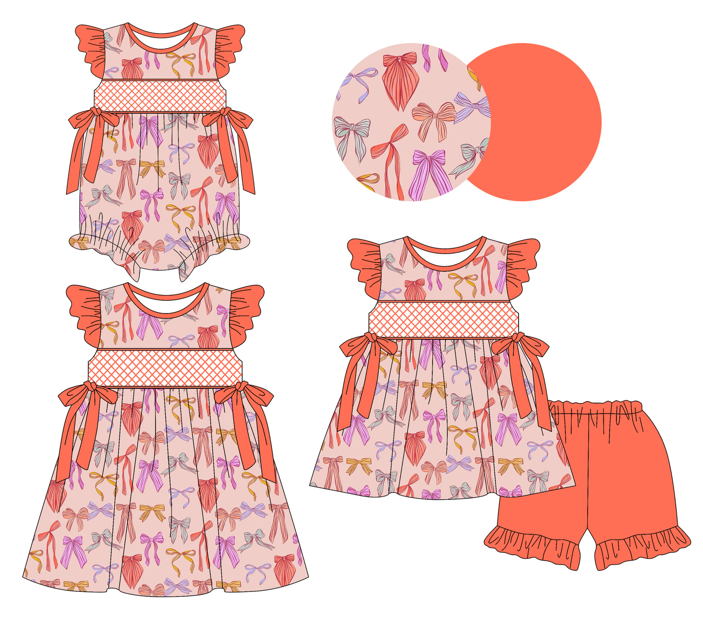 3.8 custom each style moq 5eta 4-6week Sibling Sisters bow baby girl short sleeve shorts sets and dress and rompers match family design