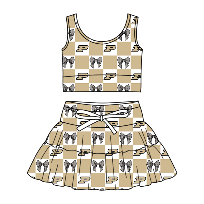 Custom moq 3 or 5 mix size milk silk summer teams baby girl clothes bow khaki sleeveless skirts sets-26.1.23