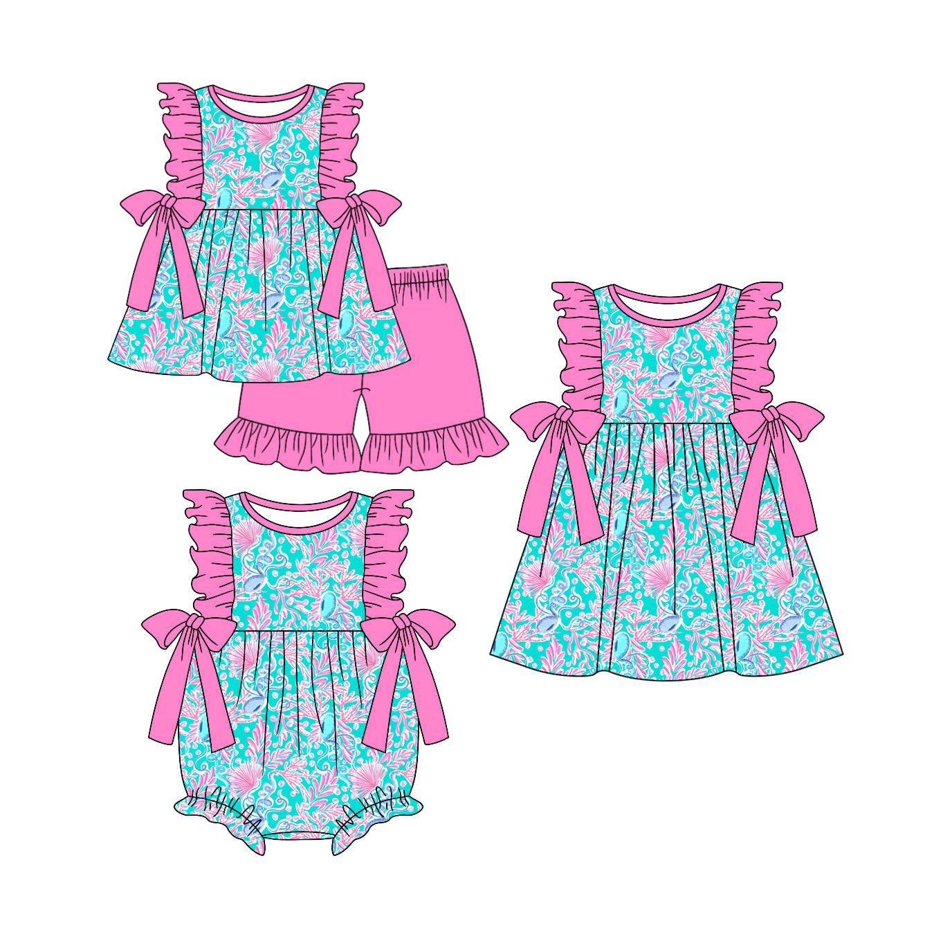 4.3 custom each style moq 5eta 4-6week Sibling Sisters floral pattern baby girl short sleeve shorts sets and dress and rompers match family design