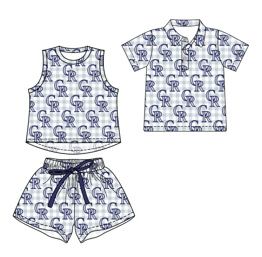 Custom moq 5 mix size milk silk summer teams Grey Checked Girls Sleeveless Top And Short Sets Boys Short Sleeve Button Polo Shirt Top