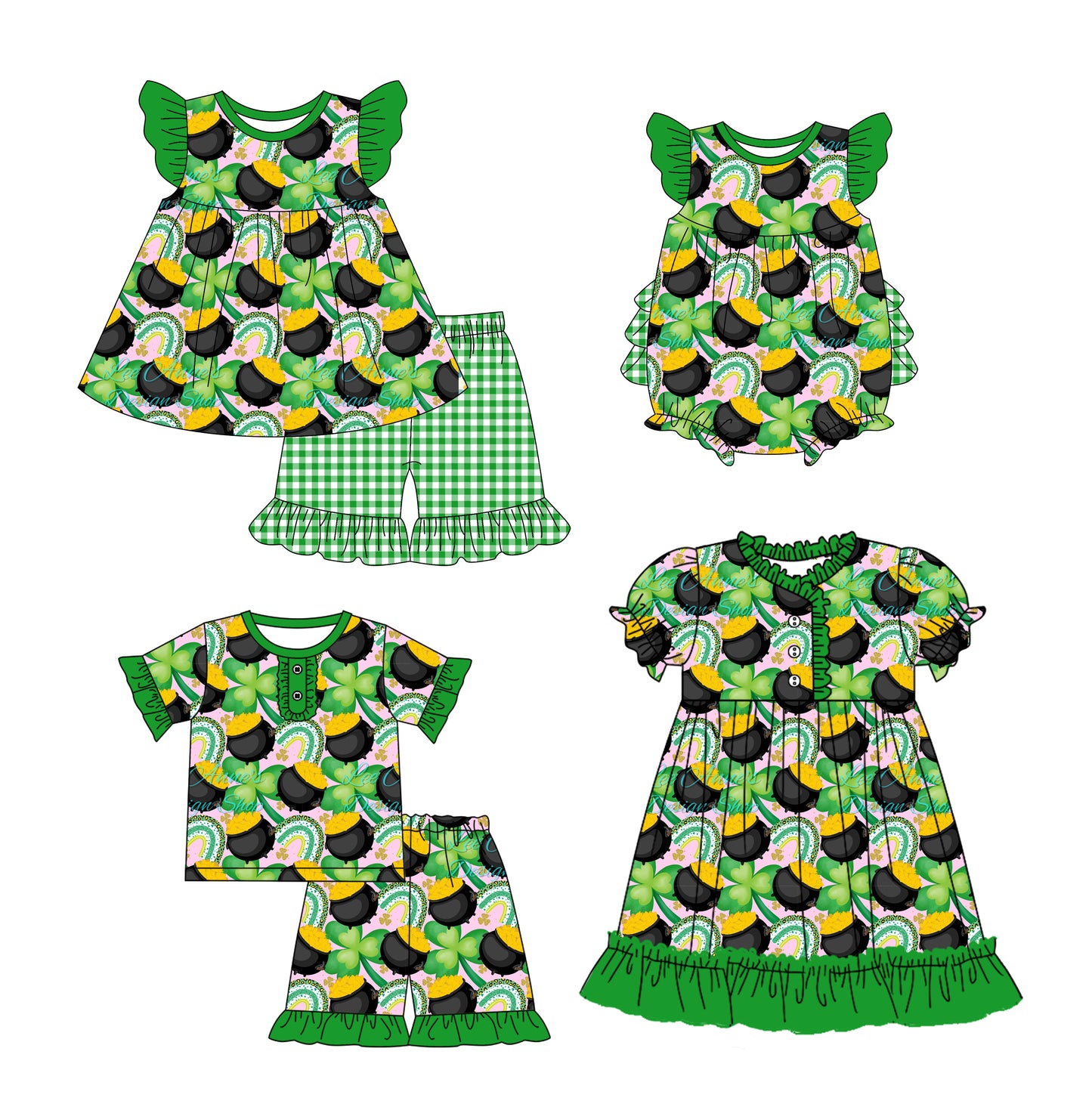 12.12 custom each style moq 5eta 4-6week Sibling Sister green baby girl short sleeve shorts sets and sets 2 and girls romper and boy romper and dress match design