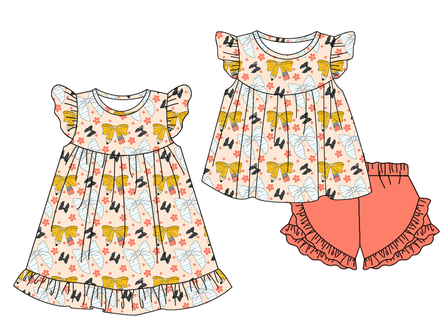 12.31 custom each style moq 5eta 4-6week Sibling Sister pencil bow baby girl short sleeve shorts sets and dresses match design