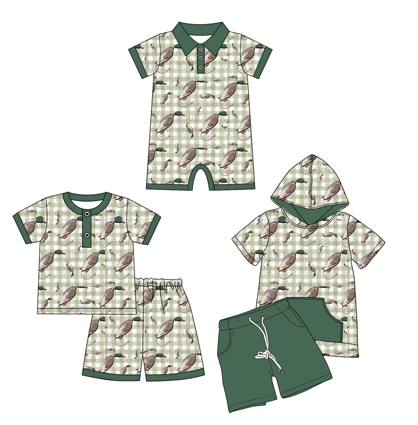 3.2 Custom moq 5 mix size Sibling Baby Boy's Green Plaid Short-Sleeved Top And Shorts Set And Hooded Shorts Set rompers Outfit